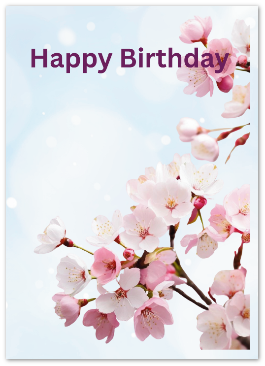 Printable PDF Happy Birthday Cherry Blossoms Card – Blank, 5x7 Portrait Card